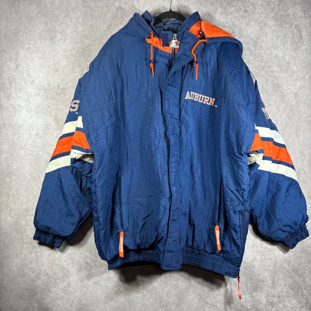 Vintage Starter Jacket Mens XL Blue Auburn Tigers 90s Puffer Hooded NCAA Street